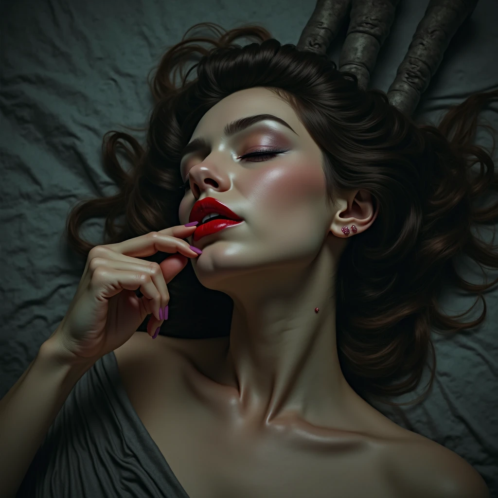 Woman with beautiful lips, grossos, with red lipstick, Sleeping with your finger in your mouth, hand that isn't hers, And yes of a demonic being, She sleeps sensually, Finger inside the mouth