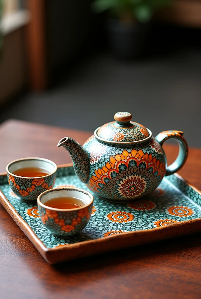 tea drinking with flowers on the table, in thestyle of dark teal and dark brown, cherry blos-soms,asian-inspired,grandiosecolorschemes, sky-blue and green, textural rich-ness.