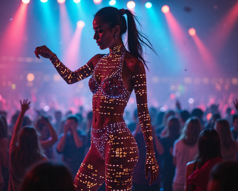 Create a bodysuit for an artist for a concert, of purple and blue tones with rhinestones and elements drawn on the fabric, like stars and a moon, with boots