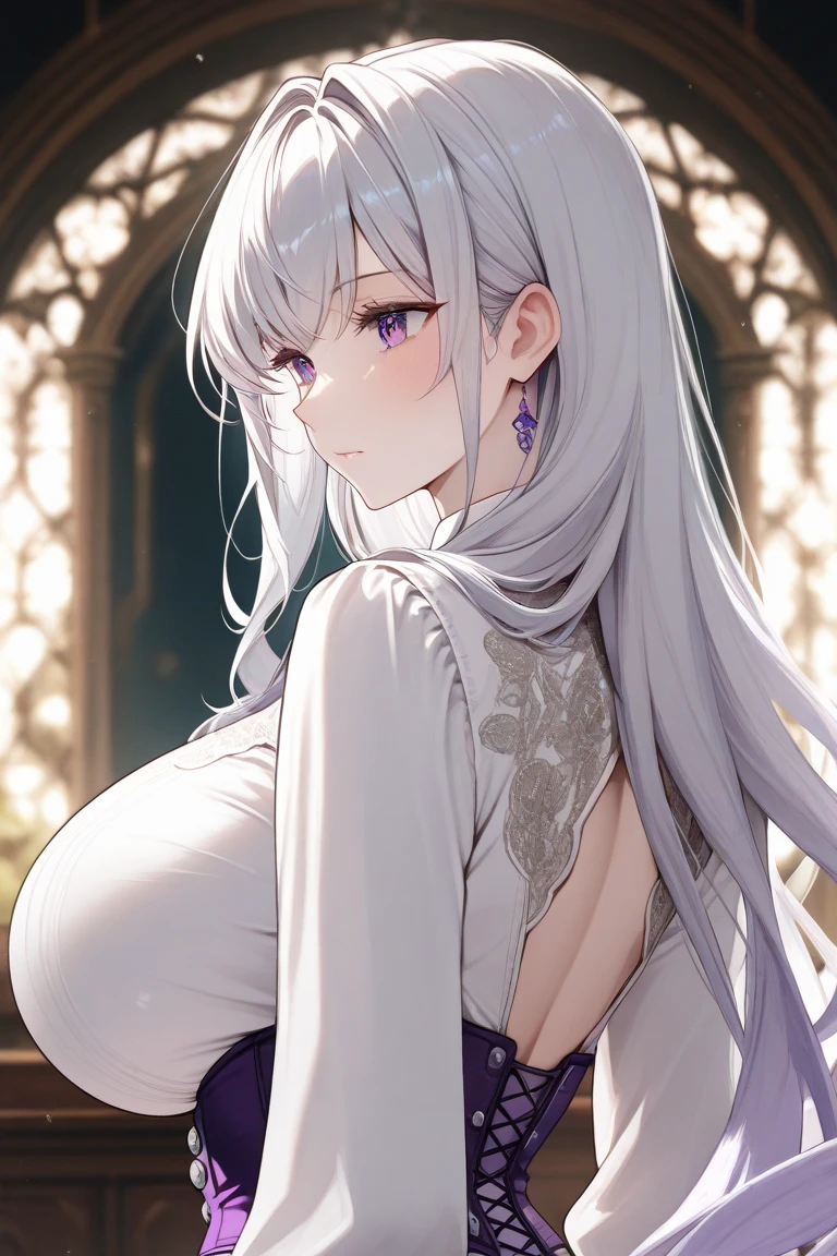 a beautiful white kitsune, big breasts, slim waist, detailed portrait, intricate details, chiaroscuro lighting, dramatic lighting, mystical, elegant, sensual, long white tail, (best quality,4k,8k,highres,masterpiece:1.2),ultra-detailed,(realistic,photorealistic,photo-realistic:1.37),anime style,red right eye,purple left eye