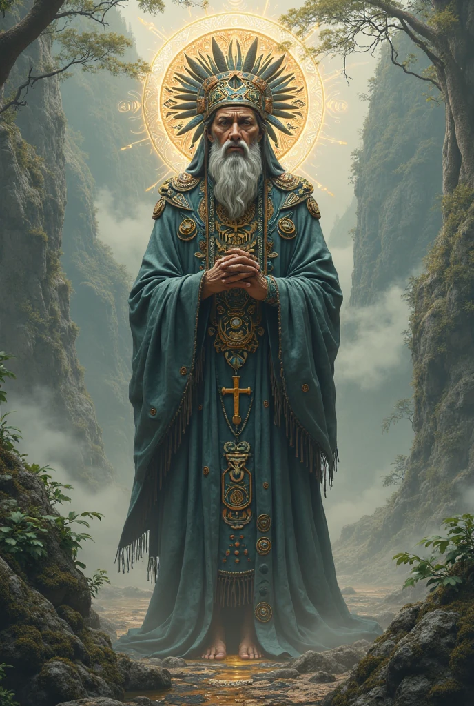 An indigenous sage surrounded by ancient symbols