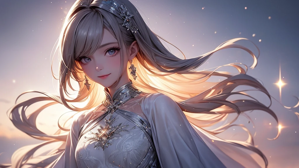 (masterpiece),(4K),High Quality,(small breasts),1 girl、 woman, Long Silver Hair ,pale skin,smile, beautifully detailed grey eyes, ( high-definition and elegant ),( white cape let fashion), magical colors and vibes, detailed skin from sleeve to chest,(Cute sparkle), light particles, The background is softly blurry ,Add a dramatic and iconic element to your scene, description boundary ahead of the large end, Bokeh, Silky to the touch , see-through silk, soft, lightweight garment、beautiful and neat face、The chest silhouette can be seen through、 hyper details,creates a dreamy and elegant atmosphere

