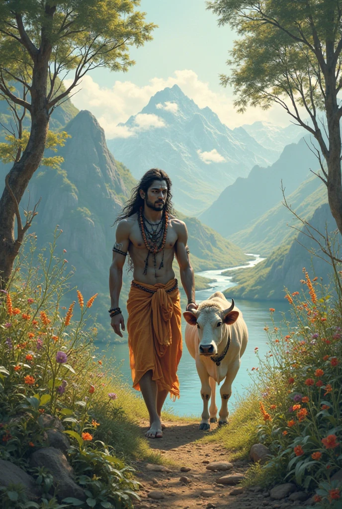 Lord shiva walking on the path way of kailash Lord nandi is behind him and the path is beautiful, bloomed with flowers of different colors the the full moon is behind the Lord shiva is also beautiful the radient light of moon highlights the muscular body of Lord shiva the body was at the peak of the macular form yet his face was calm and his posture was composed. 