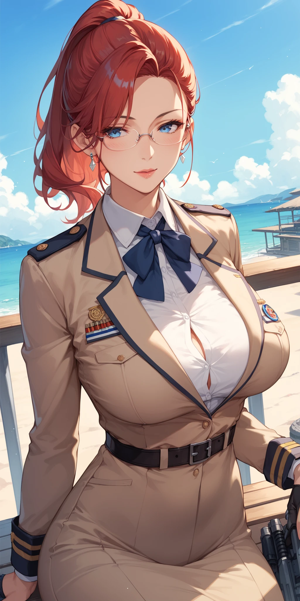 score_9, score_8_up, score_7_up,red hair, blue eyes, perfect eyes, Anime Milf , mature woman, ponytail、sexy,glasses, uniform, Soft light、battlefield、Operation Headquarters