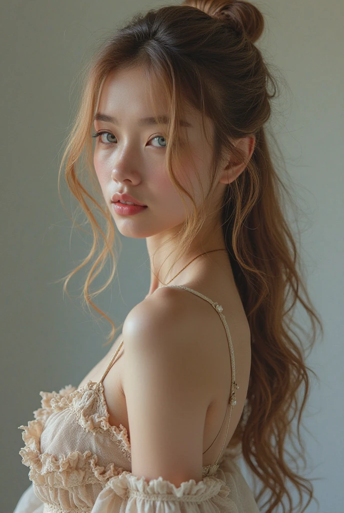 ((highest quality, 8K, masterpiece :1.3)), 1 Girl, A cute woman who emphasizes her slender abdominal muscles :1.3, (Random hairstyle :1.2), Oversized tank top :1.2, Ultra detailed face, Fine grain, double eyelid, Underarm,European,Blonde,