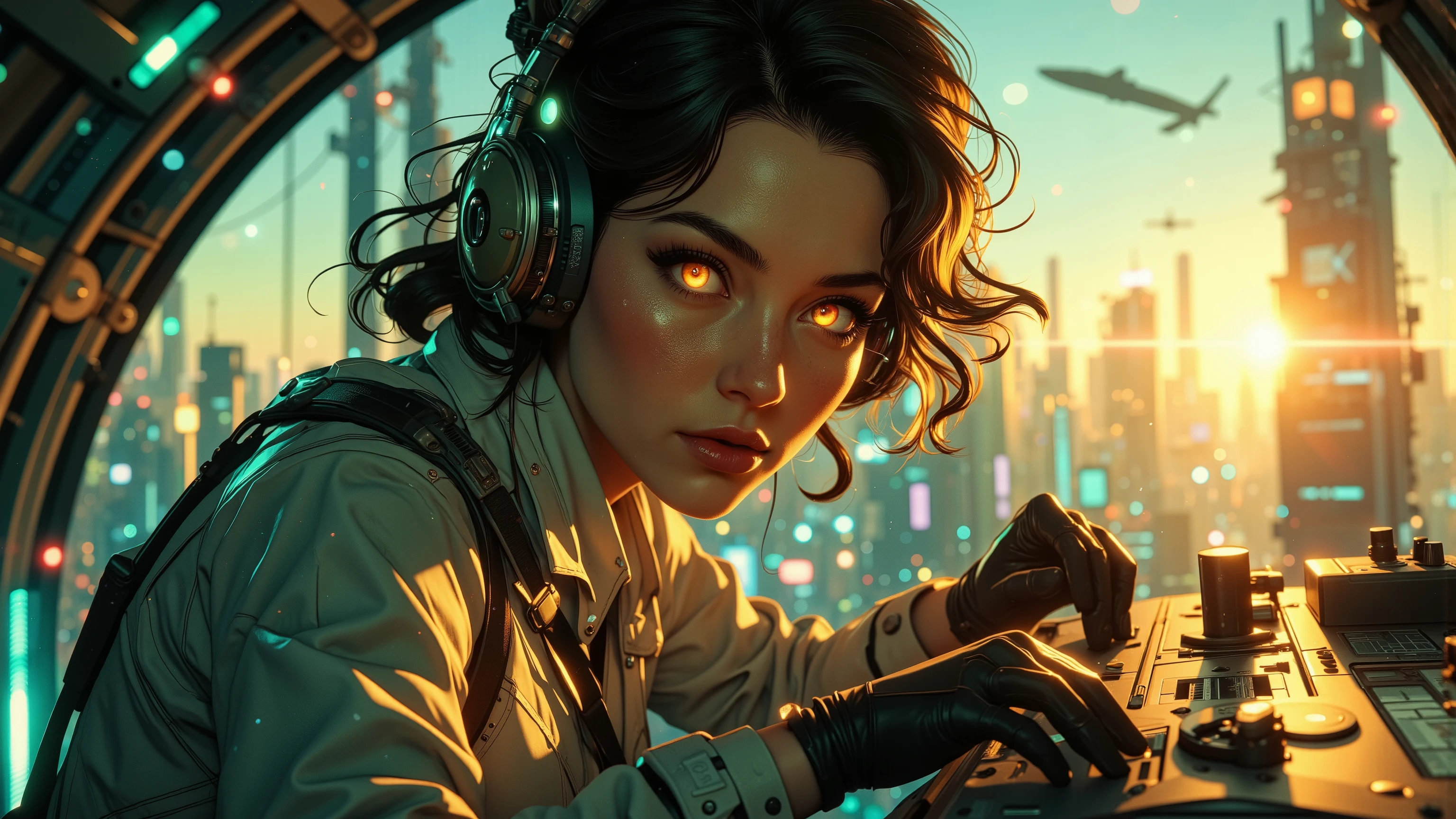 Close-up shot of a super-powered girl's intense gaze, eyes aglow with energy, as she expertly pilots her sleek light ship amidst the golden hour sky. The warm sunlight casts a radiant glow on her determined face, illuminated by the cockpit window showcasing the cityscape and distant horizon. Her hands grip the controls with precision, framed by the vibrant neon lights and sharp shadows. Ultra-detailed skin texture, complete with pores, meets the vast panorama of the city below, set against the breathtaking backdrop of a ray-traced sky. This cinematic masterpiece is a testament to the art of photorealism, capturing every detail in stunning UHD, HDR, 16K resolution, worthy of an award-winning film.