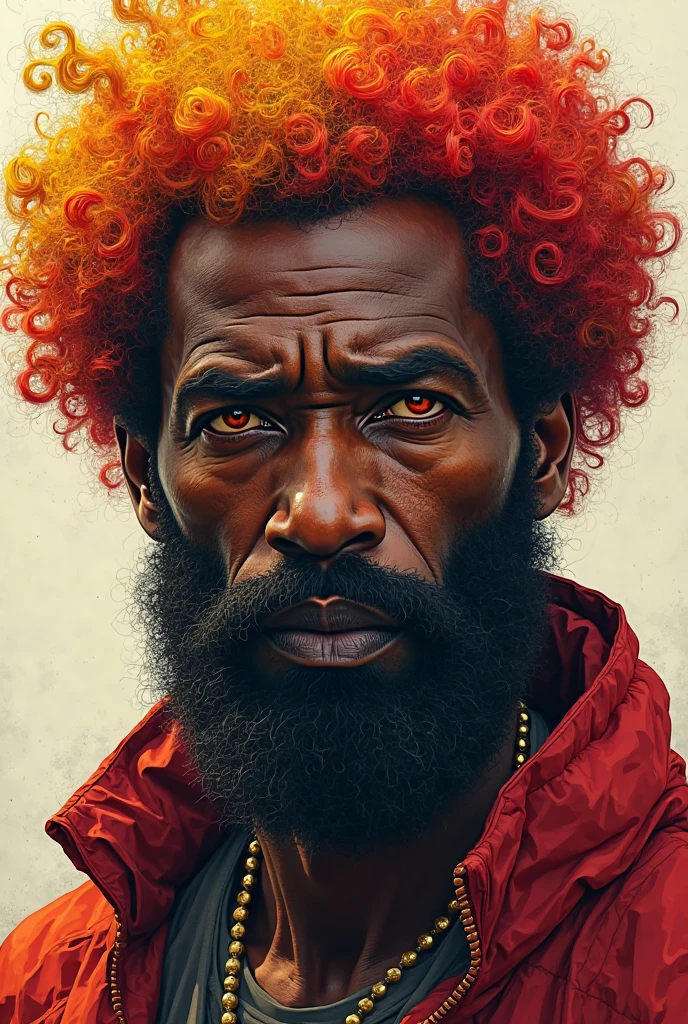 Black man, middle age, red and yellow curly hair, red and yellow beard, red and yellow eyes