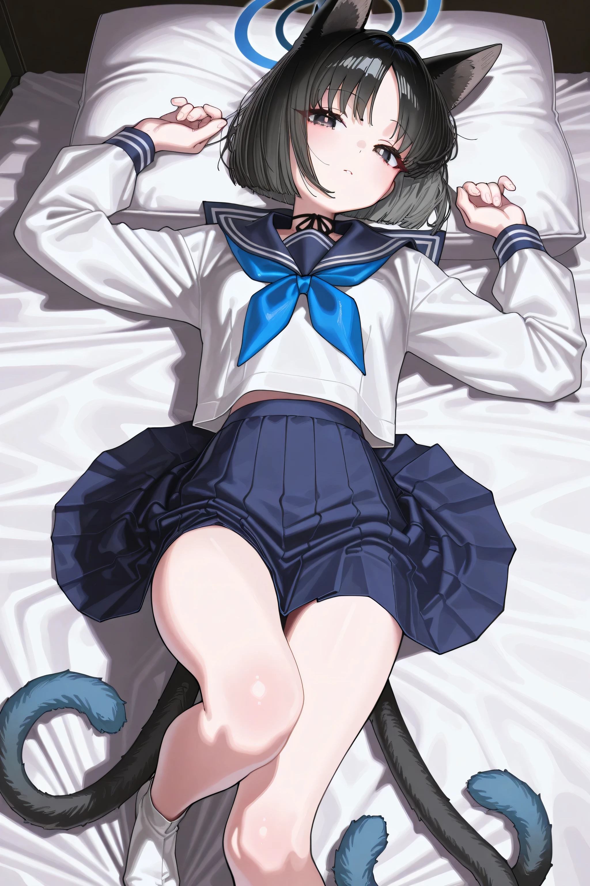 small breasted girl, short, elementary school student, blue hair, single braid, blue eyes, round eyes, shy, shy, , short, young face, short height, , glasses with no edges,Lingerie Set,bed,bed,lying on back