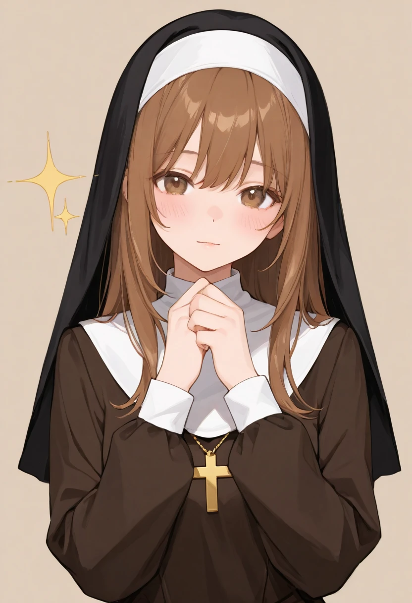 1 girl, Kisaragi from Kancolle, sparkling eyes, beautiful hands, highly detailed hands, straight hands, (masterpiece), best quality, nun outfit, (((highly detailed cross necklace))), standing, small breasts, purple eyes, shiny brown hair, tall, long hair, straight hair, hair between eyes,