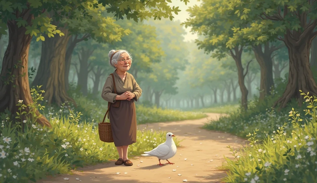 একটি বুড়ি দাদি ও একটি সাদা কবুতর জঙ্গলের রাস্তা দিয়ে হাঁটছে