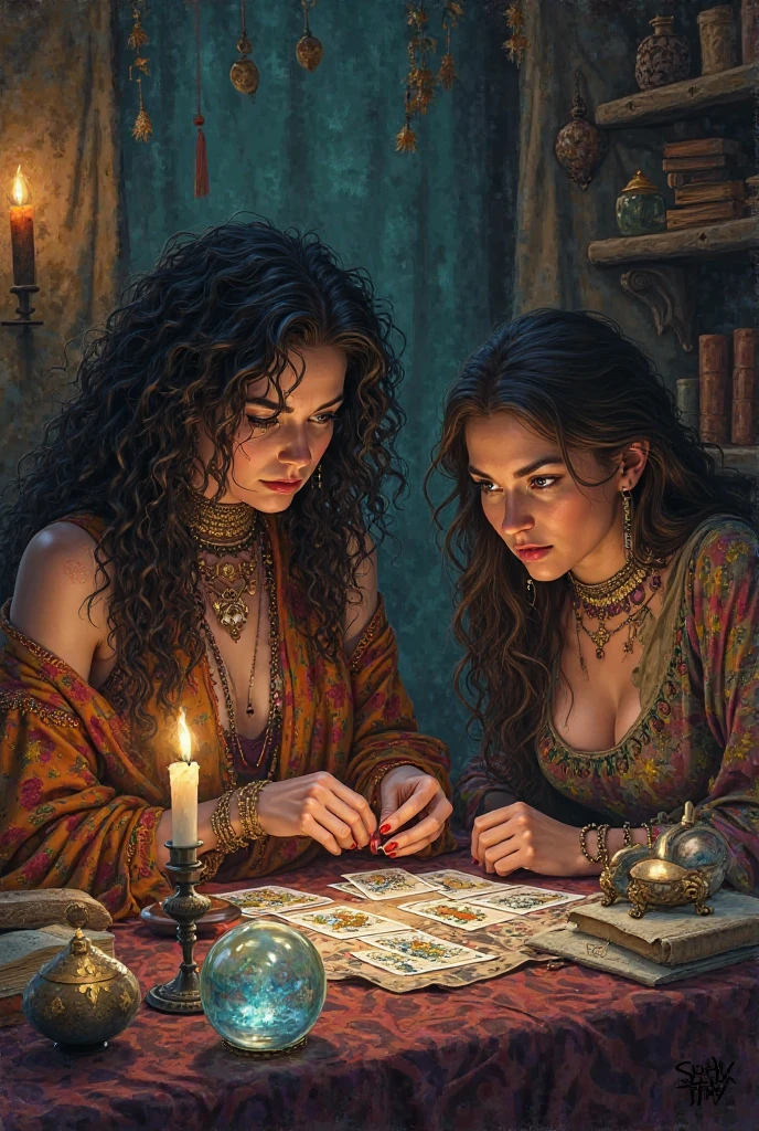 Gypsy woman drawing a deck of cards for a woman with a candle and crystal ball 