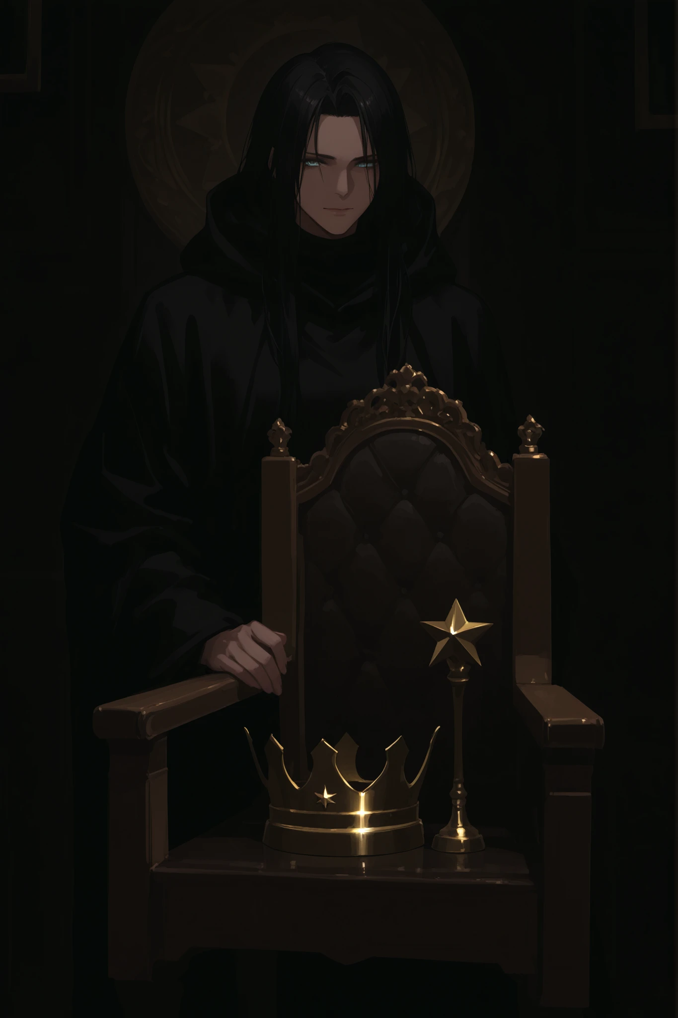 I want his face to be covered by darkness and for the star trophy to be just a small object in the shape of a star and for the crown to turn black
