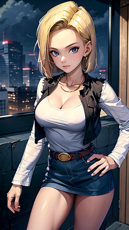 highest quality, High resolution, and 18, 1 girl, android 18, alone, blonde, blue eyes, short and thin hair, 耳Nipple Ring, gem, denim dress, open your vest, black pantyhose, black shirt, denim skirt, striped long sleeve, blue skirt,big cleavage, cowboy lens, street,(((((spread your legs: 1.8))(((erect nipples: 1.4))