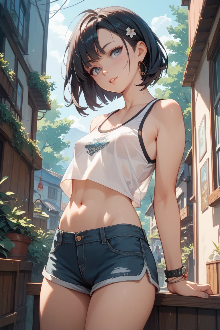reasonable design, Clear lines, High Sharpness, (highest quality,8K,Perfect sharpness,Ultra fine,High resolution,masterpiece:1.2), Perfect Anatomy:1.5, Official Art, Illustrations that tell a story, (Whitish background:0. 9)、Body Positivity、More Mr.Physical expression、(Random and mischievous poses)、Perfect beauty、Perfect beautiful face、Strong winds、A rich expression、Dynamic composition、smile、Golden ratio composition、colorful、(Mr.Different angles and perspectives)、anime art、mini skirt、(Overcoming stereotypes)、 Glowing Skin、(Natural beauty)、smile、bangs、Straight Hair、(Soft and flowing hair)、(Rural Scenery)、(Nostalgic atmosphere)、Insert up to the thighs、(Playful and carefree)、(More Mr.Ethnic characters)、(innocent attitude)、(Sunny atmosphere)、Skirt flipped up、(Bright colors)、Belly button exposed、Beautiful Eyes、A skirt fluttering in the wind、Put it in to your feet、Some composition patterns、Tank top、sensuous、Geometric pattern、、