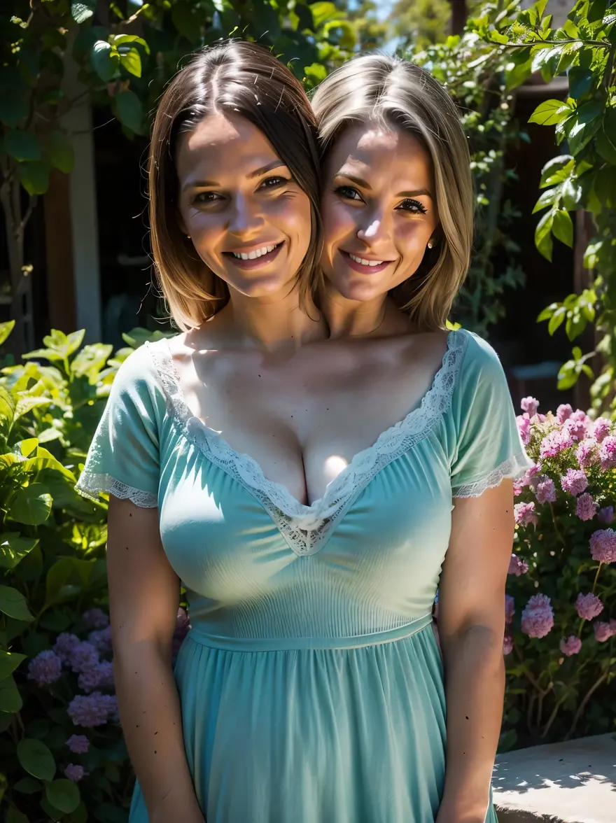 2heads, two headed mom, Swedish, age 34, curvy, outside in her garden, casual dress, pretty, enjoying midday sun,