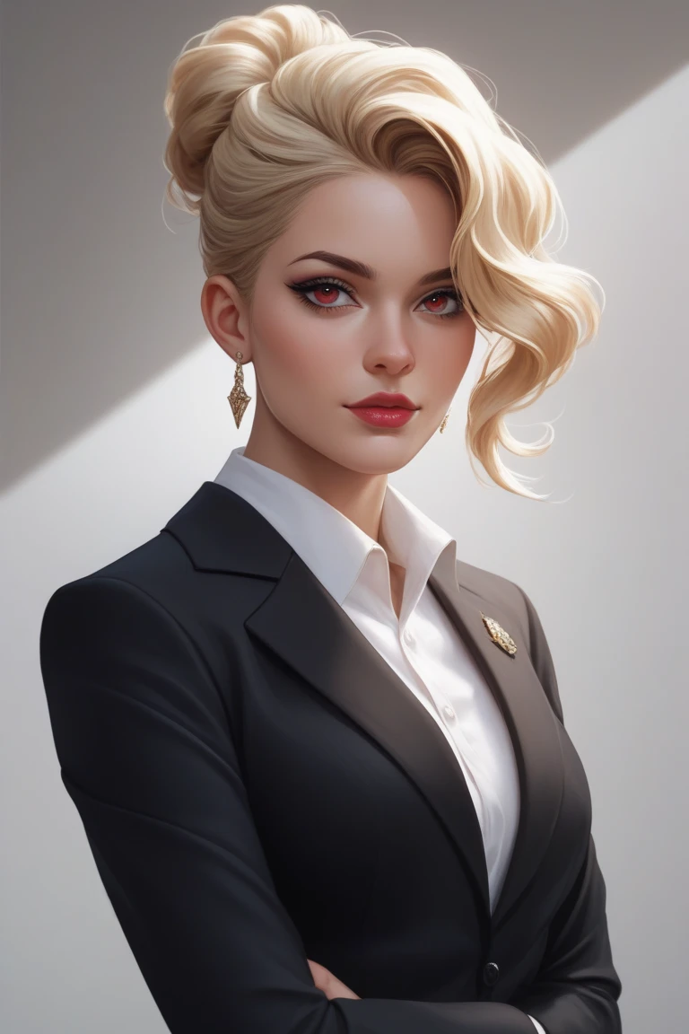 Semi-realistic image of a girl.20 years old with blonde hair and reddish dark ruby eyes.Has a firm and cold facial structure.Having strong Indonesian and Dutch genes and combining them with each other.Has a strong mafia vibe.Wearing a black suit and black shirt.Have a fit, fresh body ,and healthy.Has an aura of authority, dominance and manipulative.Seems heartless and cruel. Has a sharp gaze.Have strong javanes genes.