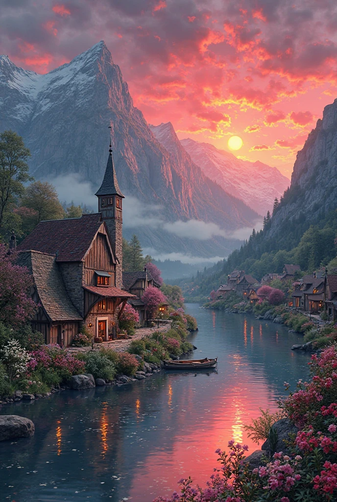 A small village on the river, mountains in the background, colorful flowers, detailed landscape, beautiful natural landscapes, atmospheric lighting,  glowing red sunset, warm colors, praktisch, photorealistic, detailed foliage, complex buildings,  cobblestone street, charming country house, swirling vivid colors, lush vegetation, quiet water reflections, malerisch, idyllisch, a work of art, best quality, 8k, extremely detailed, Anime-Stil