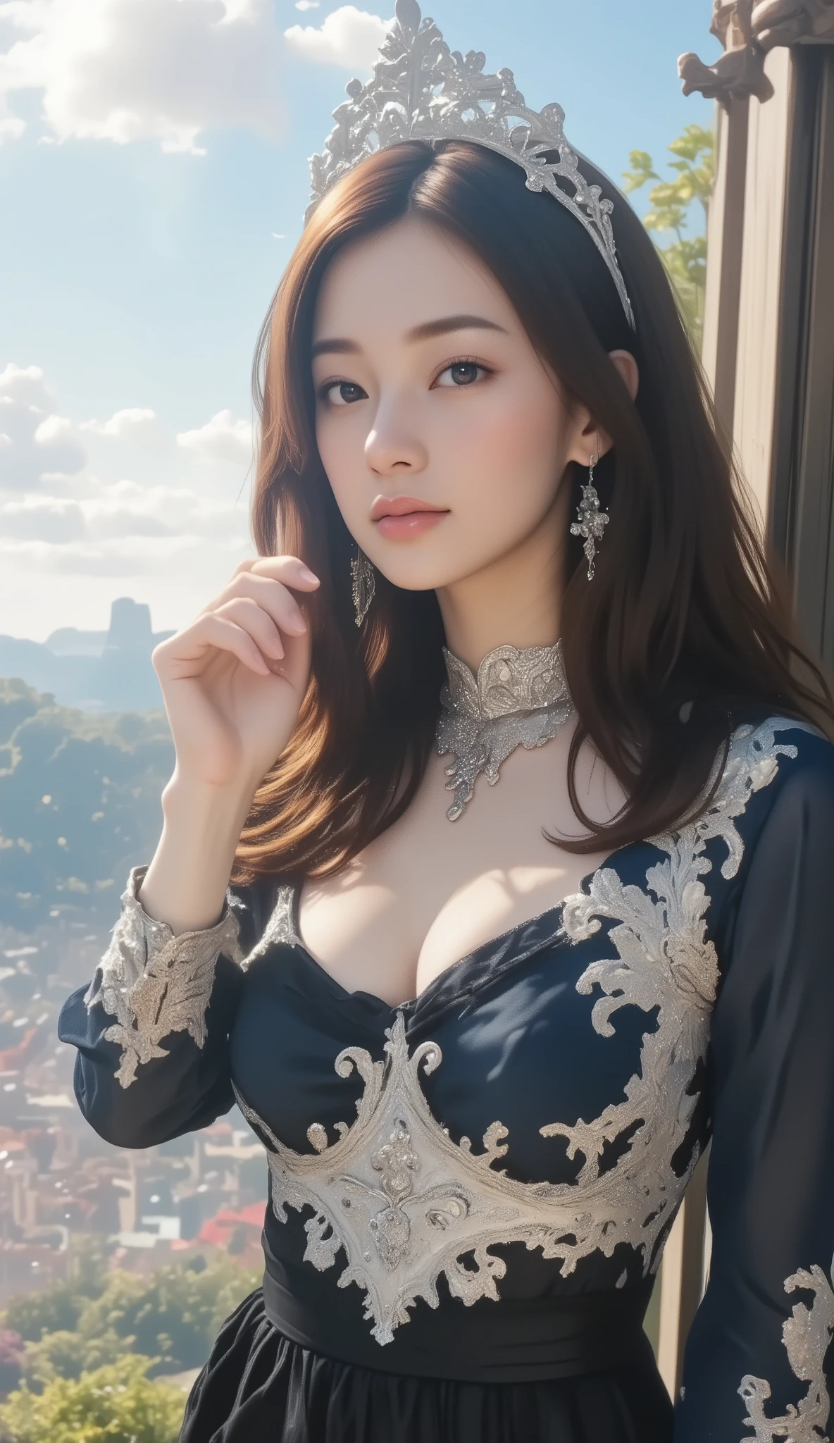 (((( masterpiece)))), (((( top quality)))), ((Alfons Maria Mucha master piece)),erotic, sexy, god秘, god, high resolution,soft focus, fine grain, Detailed Faces, Very detailed facial depiction, detailed eyes 、Detailed Faces、detailed hair 、真珠の様に透き通る肌 、Big Breasts、deep cleavage、美しい中世の街並み、transparent long dress、