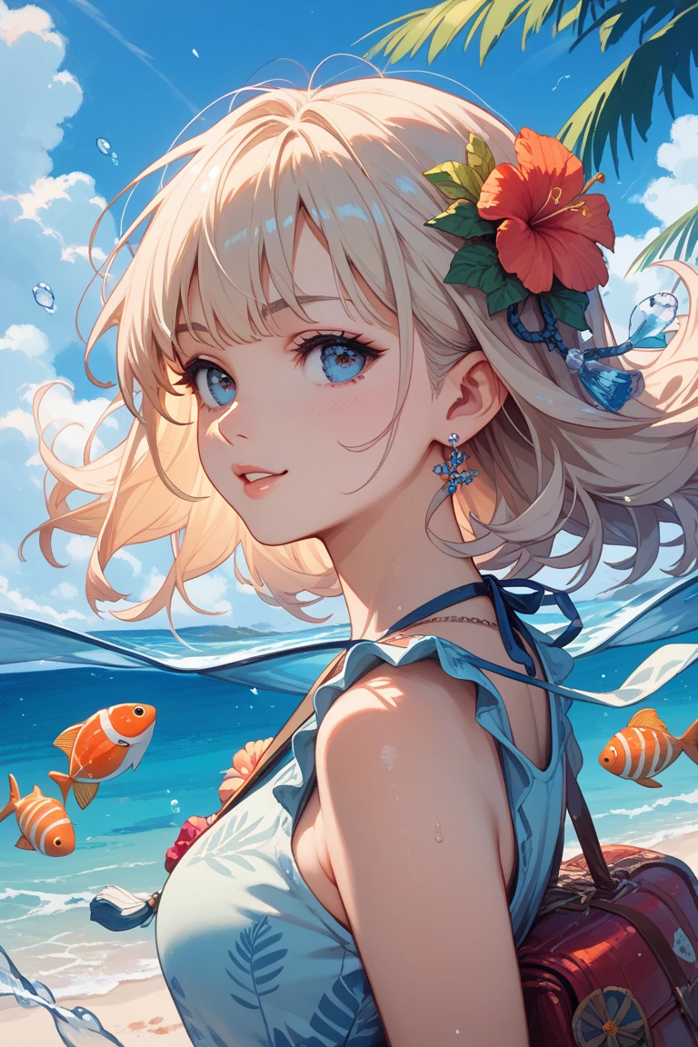 solo,white skin, watercolor, pale tone, light color palette, highly detailed digital illustration of beautiful light pink high definition short hair small boobs 1girl in (((small flower pattern blue bikini))) swimsuit, head in focus, brown eyes, symmetrical face, fantastic light, detailed touch, high density writes, masterpiece, (mediterranean provence:1.3), (building with white walls:1.3), (sea:1.3), (tree:1.3), (flower1.3)