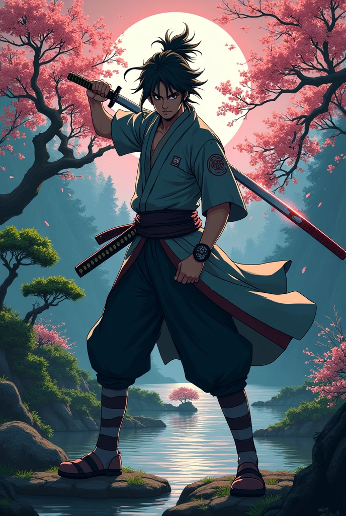 fais moi un logo de l'ecole de la foudre de le theme demon slayer avec un fond de nature japonaise