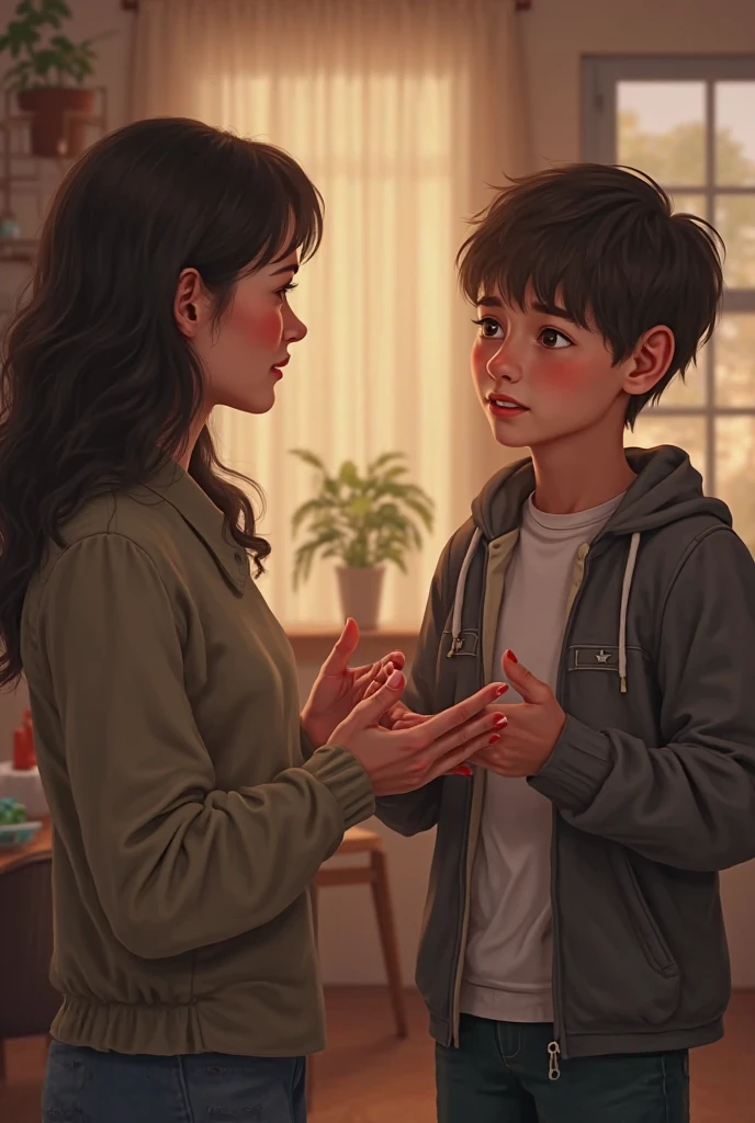 Angry mother passes by the hand to his older brother to take care of him drawing