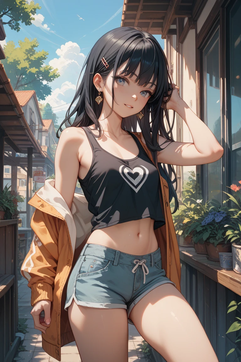 4k, masterpiece, 8k, high quality, best quality, in house, in room, room background, long black pigtails, twin pigtails, black eyes, short shorts, skin tight shorts, camel toe, embarrassed, chest out, exposing breasts, bare legs, long legs, thick legs, , short, tiny frame, small breasts, breasts out, short, uniform, embarrassed expression, tsundere, breasts out, breasts exposed, navel, flashing, shirt, tshirt, grabbing shirt up, flashing breasts, flashing chest, grabbing underside of shirt showing chest, breasts free, nsfw