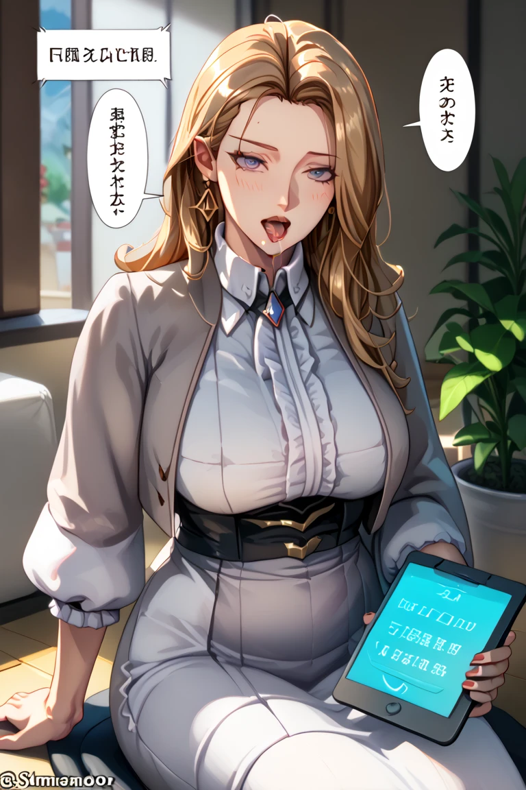 (( straight face picture )) ((best quality)), ((Masterpiece)), (details), ( Bright picture ). Young woman , yellow hair tied up ,blue eyes , Take a picture ,Mobile phone,name tag, Office lady , photographer , big breasts, Big hips , smile