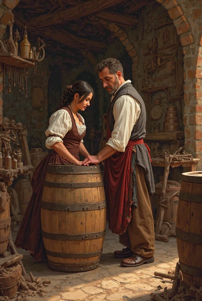

"Create an illustration of a beautiful young Spanish woman named Maria Pita, assisting her father in his cooperage business in the year 1575. The scene should depict a rustic workshop filled with wooden barrels and tools of the trade. Maria, dressed in traditional 16th-century Spanish attire, is skillfully working alongside her father, showcasing her dedication and craftsmanship. The atmosphere should reflect the historical context of the time, with warm lighting and details that capture the essence of the cooperage industry."

