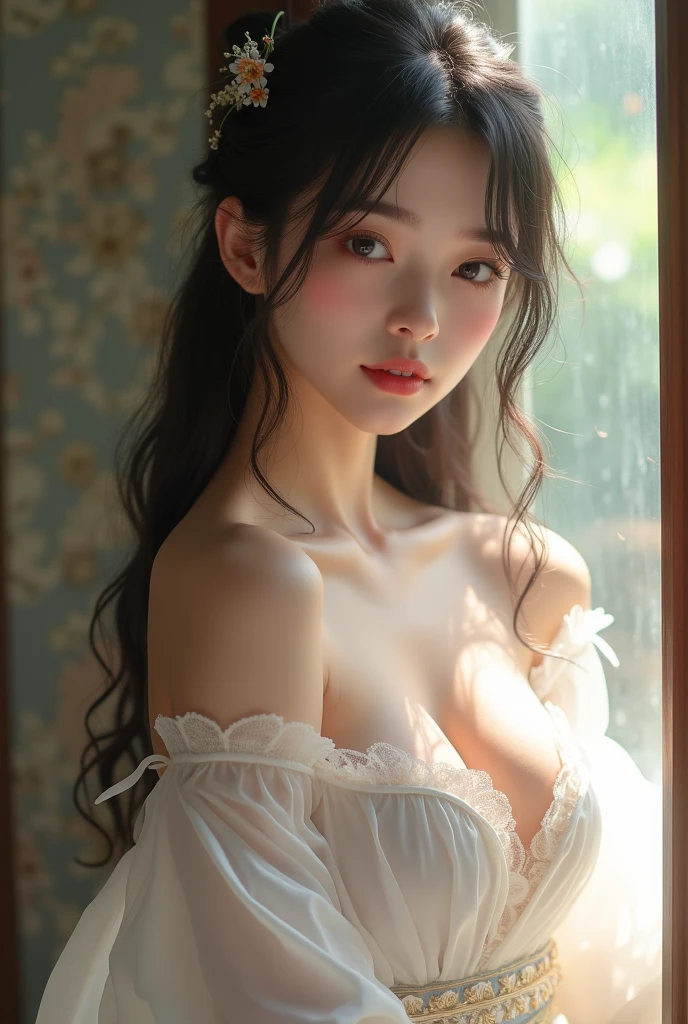 real photograph, (Top image quality, 8K, masterpiece), top-quality, 超A high resolution,Japan Girl, 18year old, pretty face, loose blouse and spread your legs、 kawaii faces, Melancholy look, double eyelid、big breasts: 1.4、Twin braid hairstyle、Fairytale room、Movie Lighting, Photorealsitic, real looking skin, nffsw, 35 mm, Shot with Leica,