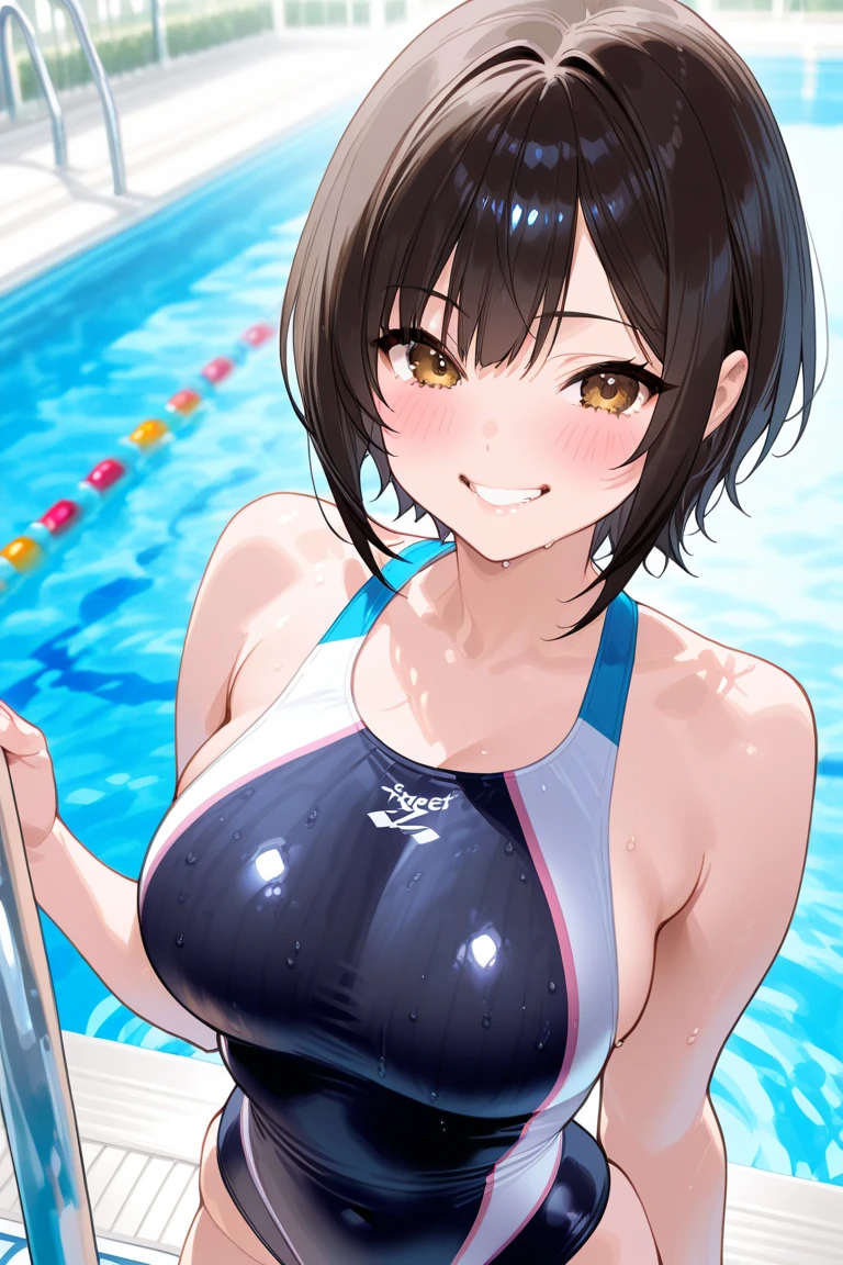nsfw,uncensored,(highest quality,masterpiece:1.3),disorganized,High resolution,16k, 超High resolution, official art,figure,very detailed,anime color,perfect hands, perfect fingers, perfect legs),(cowboy shot,From front,full body,1 girl, idol master,(mimami nitta),19yo,(brown ponytail hair), (long straight hair), ((brown eyes)),shiny hair, shining eyes, delicate line tail face, sitting, spread your legs, leaning forward, open your mouth, (smile),(one eye closed),((stick out tongue:1.3)),(nipple, belly button), (blue swimwear:1.9),(open clothes), (large breasts), (glowing skin:1.3), (Sweat:1.4), (pubic brown hair:1.5), (open vagina:1.5),(cum shot:1.3),(bukkake:1.9),(cum on Face:1.9),(cum on hair:1.9),(vaginal penis:1.5), testicle, (a man:1.5), hetero, (lady sit astride on man:1.5), (lady on top), (intense Sex:1.6),((multiple boys:1.9, peeing on a girl,multiple penises:1.9, gangbang)),(looking at viewer),(happiness:1.9),(love:1.9),(ahegao:1.5),(dynamic pose),(spoken heart:1.9),(peace sign:1.5),(poolside:1.5),(bloom),motion lines,bouncing breasts,