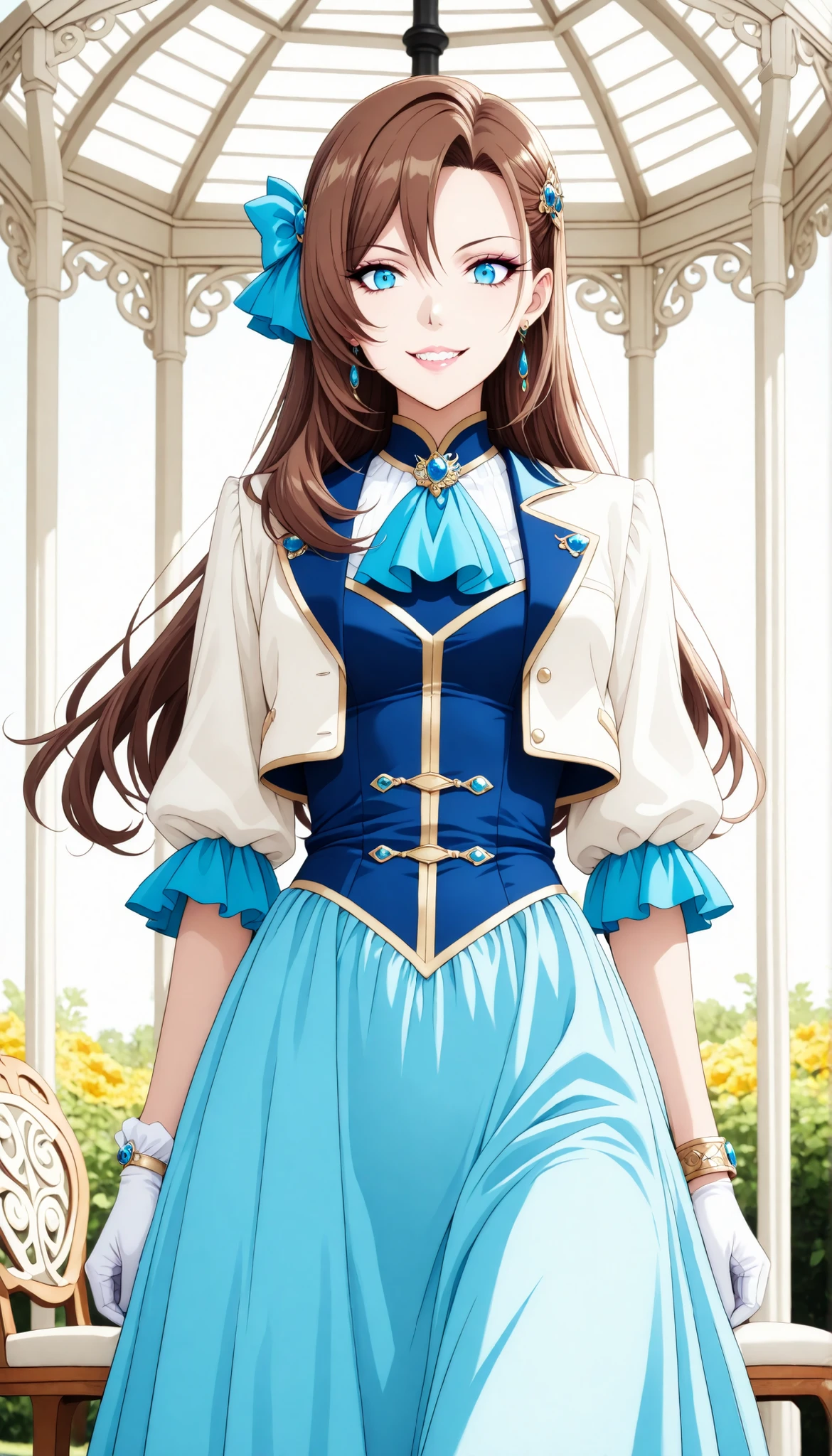 1 female, Pretty beautiful girl, (Catherine Claes, long hair, bangs, brown hair, blue eyes, asymmetrical bangs), Pure Bitch, Captivating Body, Female Curves, skinny, glamorous body standing all over, Nasty Beauty , (grinning), Sharp Eyes, sling, beautiful lips, long eyelashes, (hair ornament, gloves, dress, bow, jewelry, jacket, short sleeves, hair bow, earrings, white gloves, bracelet, ascot, blue dress, blue bow, brooch, high collar, long dress, blue ascot), sit on a chair, Gazebo, garden,  beautiful flower々, Dramatic Lighting, indecent atmosphere, Glamorous Light , bright colors, have a low depth of field, anime style, beautiful detail, super high definition, (top quality, very detailed, anime illustration, soft focus, masterpiece, best aesthetics),