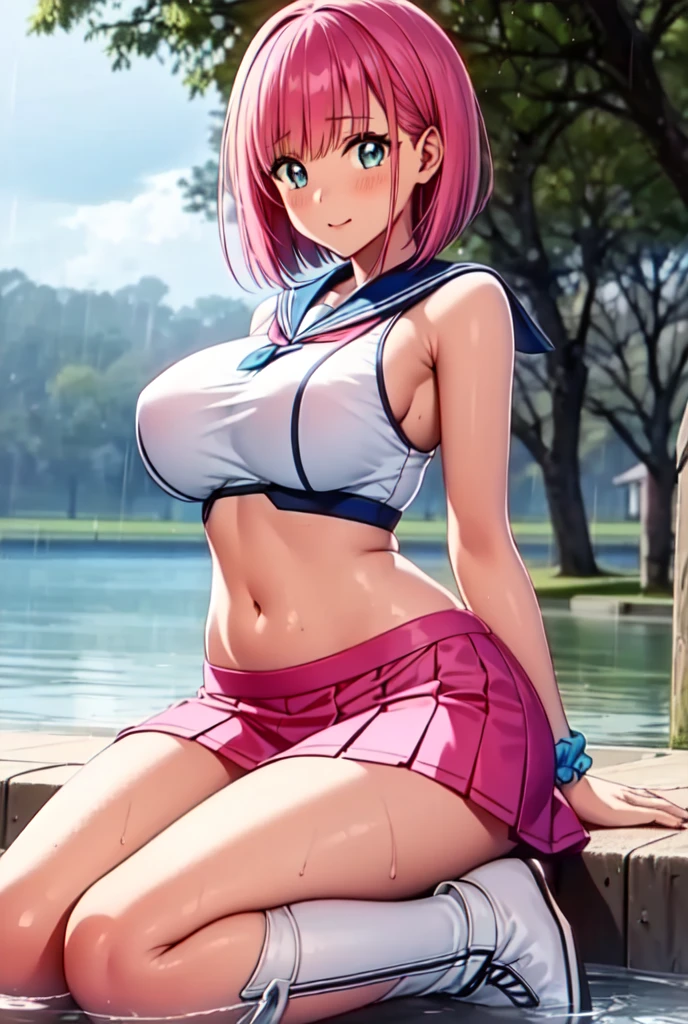 pink hair, ponytail, short hair, cat ears, cat tail, outfit, tied top, cleavage, kneeling, in garden, flowers, fence, looking at viewer, thick thighs, (masterpiece), (best quality:1.2), absurdres, intricate details, (highly detailed skin:1.2),