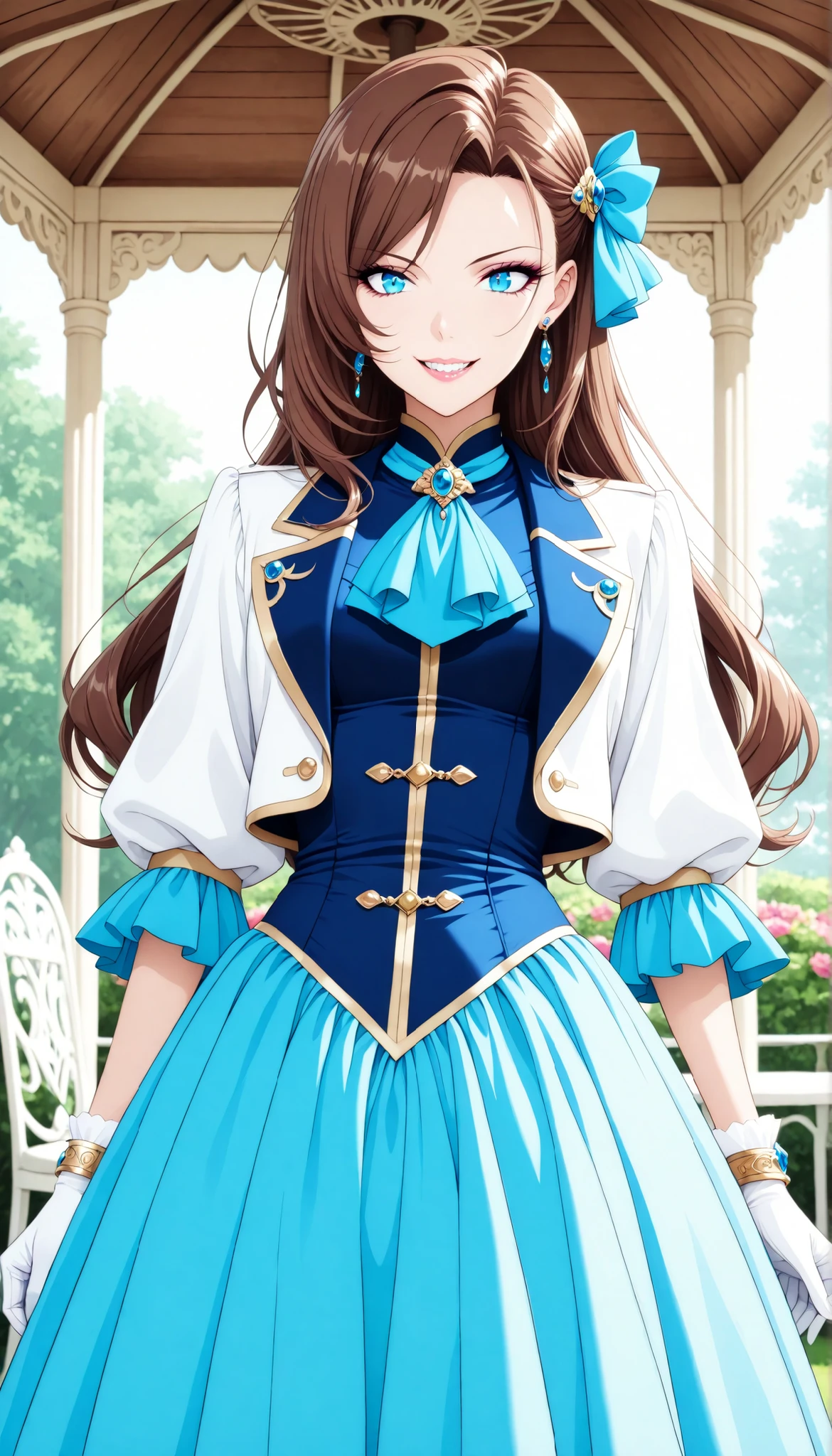 1 female, Pretty beautiful girl, (Catherine Claes, long hair, bangs, brown hair, blue eyes, asymmetrical bangs), Pure Bitch, Captivating Body, Female Curves, skinny, glamorous body standing all over, Nasty Beauty , (grinning), Sharp Eyes, sling, beautiful lips, long eyelashes, (hair ornament, gloves, dress, bow, jewelry, jacket, short sleeves, hair bow, earrings, white gloves, bracelet, ascot, blue dress, blue bow, brooch, high collar, long dress, blue ascot), sit on a chair, Gazebo, garden,  beautiful flower々, Dramatic Lighting, indecent atmosphere, Glamorous Light , bright colors, have a low depth of field, anime style, beautiful detail, super high definition, (top quality, very detailed, anime illustration, soft focus, masterpiece, best aesthetics),