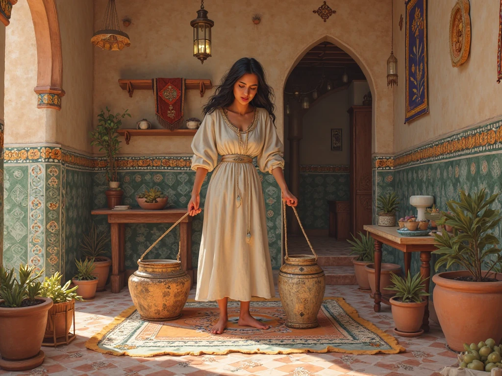 A young woman in simple Moroccan dress tidying up and cleaning a simple Moroccan house