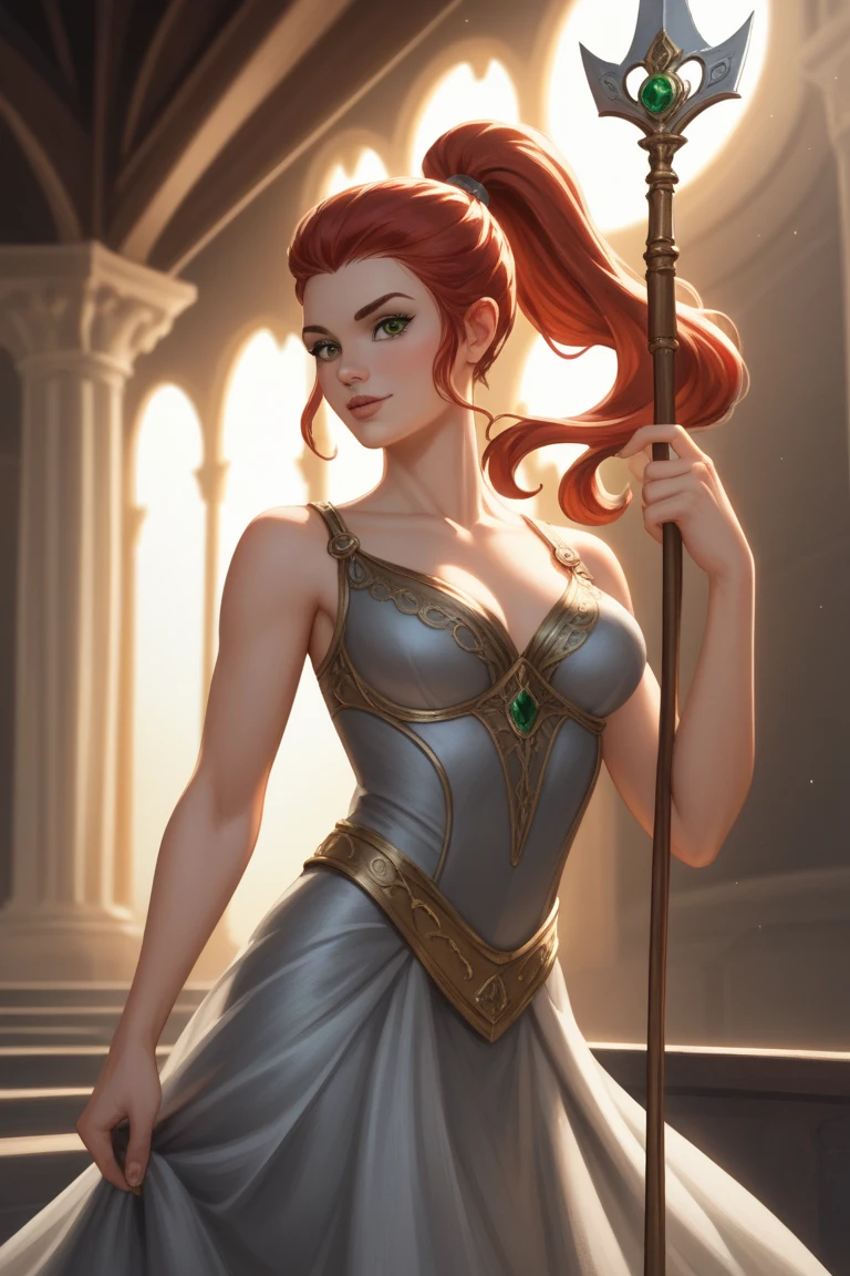 Kate Mara, age 25 (sun elf, almond skin, fire red hair curly, over large violet eyes, sheer golden silk gown with intricate embroidery, no underwear) doing a ritual dance (large exaggerated ballet like movements) to greet the sun, ivy covered shrine, show her from head to toe
