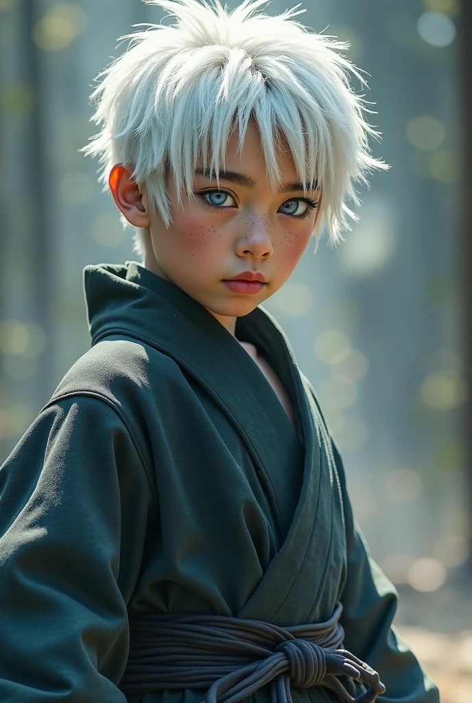 Yukihiko Takita a Japanese ten year old boy white hair and blue eyes and white skin and freckles a ninja prodigy master from the Takita clan and is a takita ninja a regular foot soldier with A dark green Shinobi shozoku with and he has dark green ninja shinobi shozoku with bet wrapped around his waist it and his belt has the symbol of the takita clan a forest dragon and has shoulder straps across and buckles made of gold and black leather gauntlets and has shin guards and black gloves and a ninja dark green mask and hood with has katanas and sais and shurikens and nunchucks and Yumi longbow and even a Kusarigama and Fukiya and Bo-Shuriken and Makibishi and has Smoke bombs and even Happo – Egg filled with blinding powder (Metsubushi) 