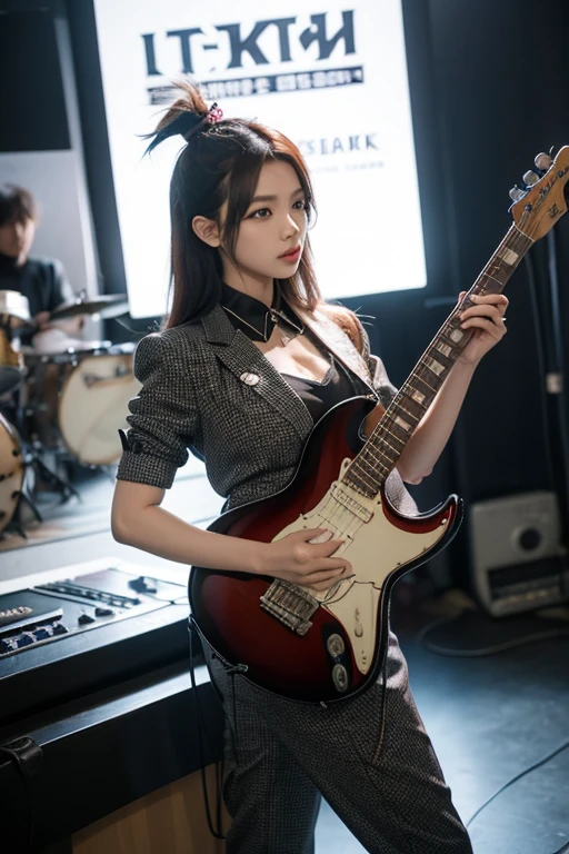 super high quality, 8k, RAW photo, realistic, hide your body with an electric guitar, beautiful sexy woman, forehead, hime cut, full makeup, red sexy thick lips, amorous expression, lewd expression, sitting, large breasts, slender, great proportion, background dark fantasy, scattered golden confetti, professional flare lighting