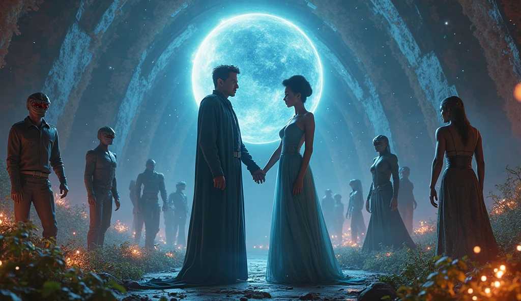 A cinematic emotional  set inside a starlit dome on the edge of planet Xanu. Captain Yager stands close to Elisabeth Biship, a modest yet captivating alien woman in a flowing blue dress, her eyes sincere, hand reaching toward Yager’s heart. Behind them, President Ardra watches with narrowed eyes, laser guards beside her, dressed in  fashion. Tamala (an exotic green-skinned female Alterian with luminous skin and tight combat armor) stands protectively near Rissian ren, watching the human captain closely. The background shows alien vegetation glowing under a binary star system. Capture intense emotional contrast—sensuality, spiritual peace, and the threat of . Perfect blend of softness and HFY strength.
— cinematic 3D rendering — 4K detail — deep space glow — romantic tension — human-alien alliance — sci-fi beauty meets moral power