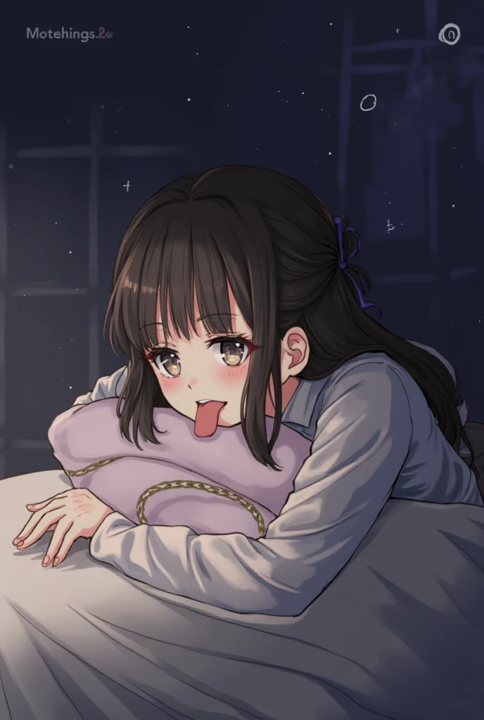Young caucasian female; brunette; looking down shyly; confessing her feelings for the viewer; toned, slender physique; shy and cute look; intense blush and warm smile; cuddling with the viewer in her bed; wanting to make out; night sky visible through her window; wearing comfy night clothes; sparkling eyes; surreal