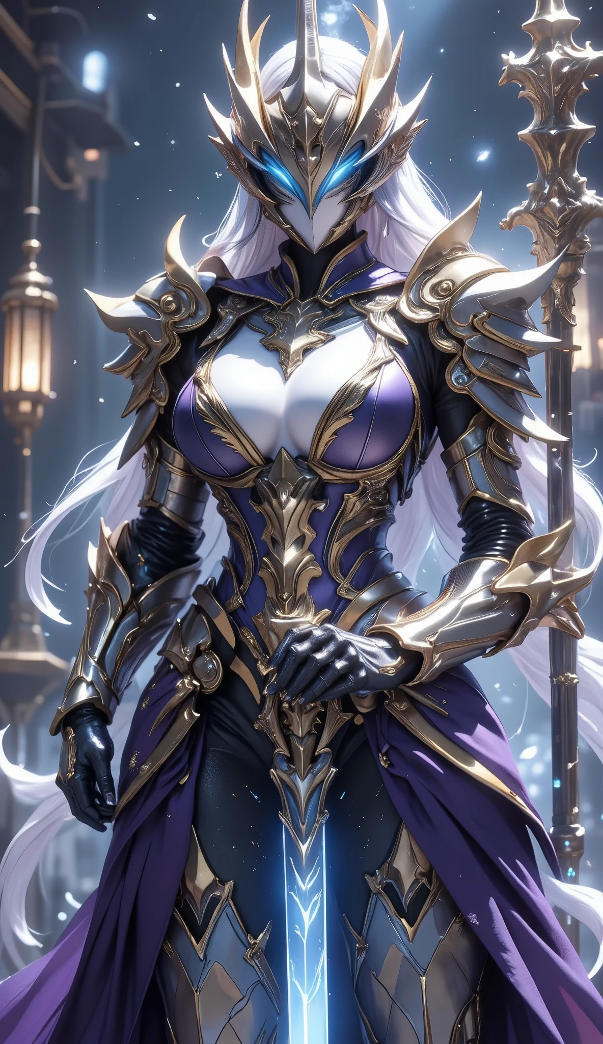 Female magician with magic scepter, with armor, in a battle pose