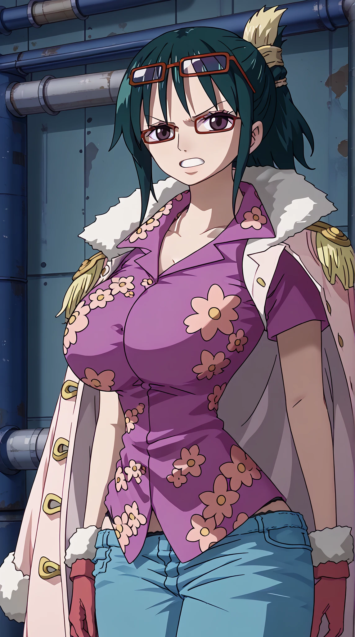 1girl, solo, jolyne, green eyes, lips, :o, blush, looking at viewer, kimono, strapless, off shoulder, hands on hips, leaning forward, simple background, cowboy shot, short hair, large breasts, cleavage,   wide hips, thick thighs, huge ass, enormous huge natural breasts, cleavage, mature mom,detailed fingers, accurate fingers