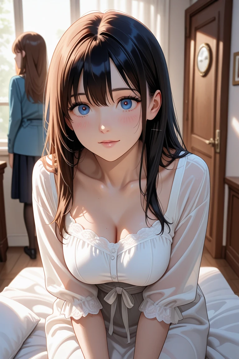 (One girl:1.3), Cinematic Light, (masterpiece, highest quality, highest quality, Official Art, beautifully、aesthetic:1.3), Very detailed,Most detailed,(Super detailed),((Very delicate and beautiful)), ((Dark Night、Crouch on the floor of an apartment)), From above, alone, chest, Silky long hair, (Brown Hair), Casual clothing, Pink lace innerwear, Open chest, 26 years old, Unsettled Gaze, Torn clothes, Concerned, Embarrassing, (look up:1.4)