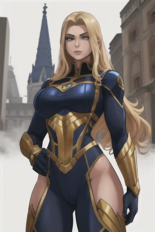 masterpiece, best quality, agrias, black leotard, looking at viewer, blonde hair, superhero, bare legs, eight-man costume, boots, standing