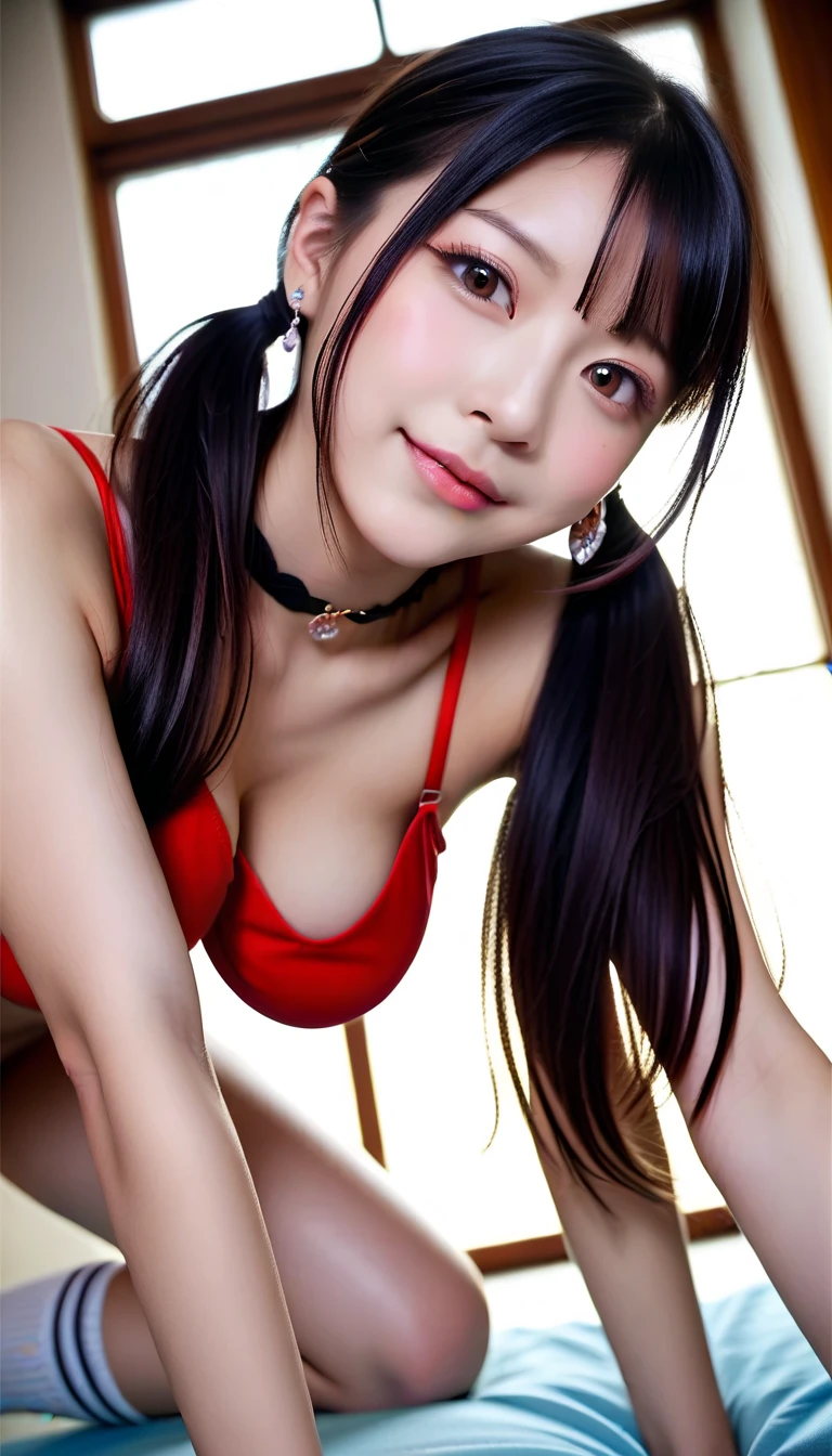 highest quality, figure, Ultra-detailed, finely, High resolution, 8K Wallpaper, 完璧なダイナミックな構figure, ((Sexy pose)), Beautiful Skin, (Big Eyes), 20 year old beautiful girl, Natural color lip, Mid chest, smile, Highly detailed face and skin texture, Detailed eyes, Double eyelid,leaking teeth and laughing, close-up, overhead shot, Long black hair, (red dress:1.2), Night view