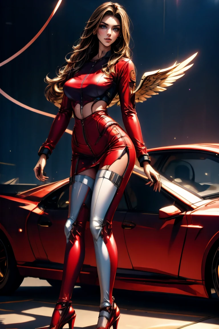 (masterpiece:1.4、top-quality)、(intricate detailes)、Unity8k wallpapers、ultra-detailliert、Beautiful and mysterious、detailedbackground、realisitic、独奏、Perfectly detailed face、Detailed blue eyes、ighly detailed、red blush、hair adornments、Chignon mahogany hair、(blonde hair)、Plug Suit 02,Shikinami Asuka Langley、evangerion、Slender 15 year old girl、full body suit rack background、On the waist、Dynamic Pose、Dynamic angles、