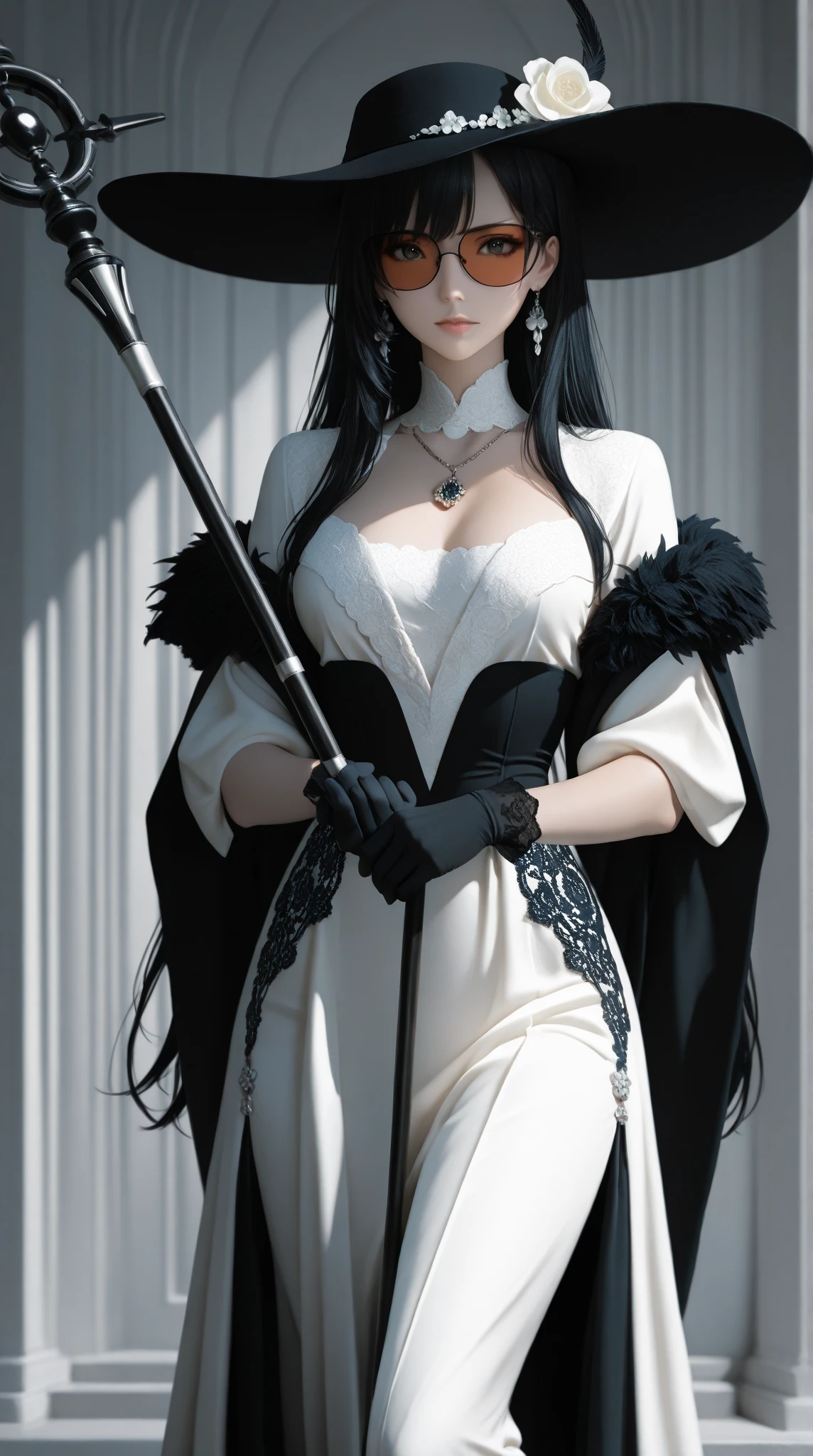 Allad woman posing for photo with white hair and black texture multi-layered robe, white hair girl, realistic anime girl rendering, guvez style artwork, perfect white hair girl, simple background, 3d anime reality, realistic anime 3d style, smooth anime CG art, Rostland 8 K, white long hair, 3 d rendered character art 8 K, perfect proportions, proper pose