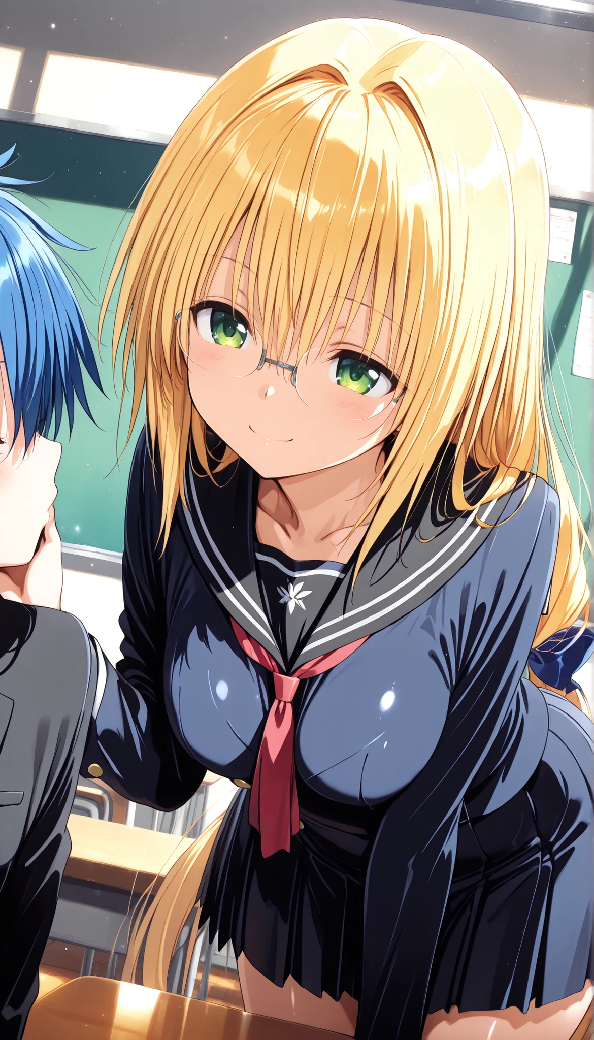masterpiece, score_9, score_8_up, score_7_up, anime, pinup, greatest masterpiece, full twinkle, perfect face, best quality, high resolution, 1 girl, Tearju,blonde hair,green eyes,low-tied long hair,blue hair bow, t_glasses,rimless glasses, light skin, smile, kissing expression, leaning forward, classroom, (black sailor uniform), (red tie), shiny skin, shiny cloth, front view, standing, kiss, POV