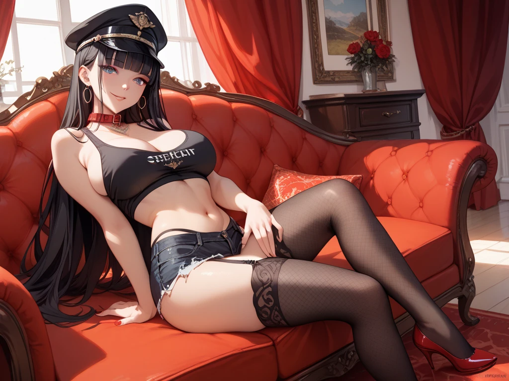 girl military aristocrat officer, beautiful, slender, sexy, makeup, long hair, huge breasts, tight officer military uniform, tunic, shirt, skirt, stockings, unbuttoned top buttons of shirt, hentai, erotica, on the couch after sex, fucked, covered in cum,