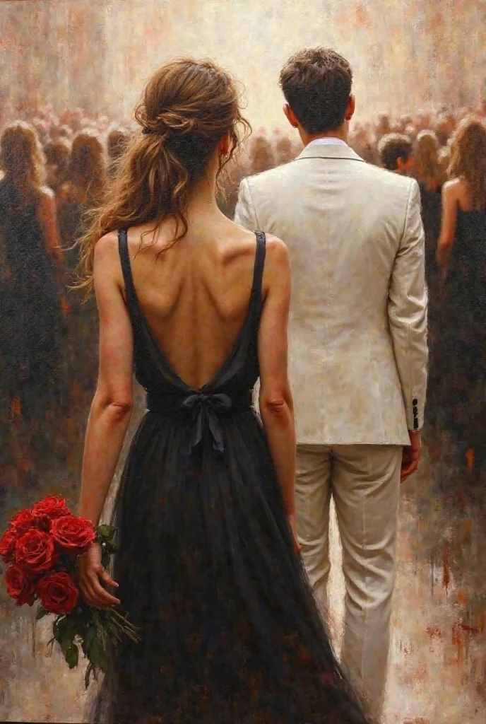 An abstract impressionistic oil painting. A young woman is shown ???????????, wearing a dark sleeveless dress and holding a bouquet of red roses in her left hand, slightly to her left side for a more left-justified composition. She stands out in the center of a blurred crowd, as a man in a white suit approaches her from the front. His face is blurred, adding a dreamlike, emotional effect. The crowd in the background is heavily blurred, making the woman and the approaching man feel like they are in their own world. Use expressive brushstrokes and warm color tones to emphasize love, nostalgia, and focus. The atmosphere should feel emotional, dramatic, and filled with motion.