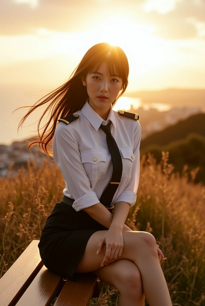 Sexy beautiful Japanese woman, brown hair, bangs, low ponytail, floating hair, a self defense officer uniform, wearing a white short-sleeved shirts, navy blue tie, navy blue pencil skirt, Black patent high heels, beautiful hip-line, Beautiful thighs, Her hair flutters strongly in the strong wind, She is sitting on a bench at a bus stop at the top of a long hill a few steps away from the road, She rakes up her hair with her right hand and poses provocatively, She is dramatically silhouetted against a glowing sun, The backdrop at the foot of the long slope is an upscale residential area facing the sea, The sunlight is reflecting off the surface of the sea, adds a serene yet powerful atmosphere to the scene, the soft rustling of grass in the cool breeze emphasizes, (((from above))), Surrealism, High quality, UHD, retina, masterpiece, accurate, anatomically correct, textured skin, super detail, high details, high quality, best quality, highres, 1080P, HD, 4K, 8k, 16k